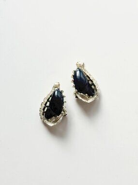Vintage CORO Silver Tone Leaf Black Lucite Faux Pearl Clip On Earrings